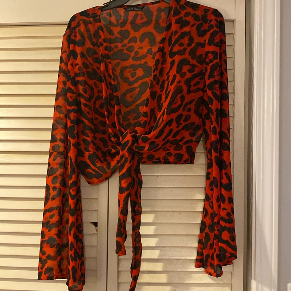 Red Leopard Tie Front Top